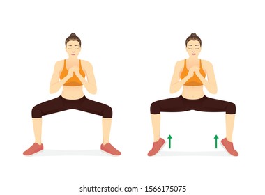 Woman doing Sumo Squat With Calf Raises in 2 step. Illustration about workout diagram of fat leg reduction.