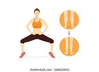 Woman doing Sumo Squat With Calf Raises for get rid fat leg. Illustration about workout for beauty shape of women.