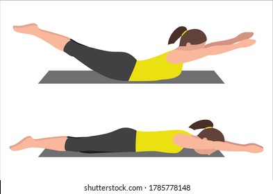 Woman Doing Superman Stretches Poses Silhouette Flat Illustration Isolated on White Background in Different Poses - Physical Therapy