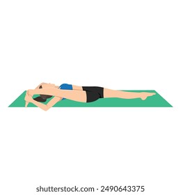 Woman doing Supine Splits Pose or Supta Trivikramasana yoga exercise. Flat vector illustration isolated on white background