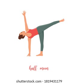 Woman doing supports body with one hand and foot with outstretched legs with arms in yoga revolved half moon pose. Flat vector illustration isolated on white background