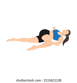 Woman doing supta matsyendrasana supine spinal twist pose exercise. Flat vector illustration isolated on white background