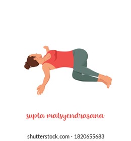 Woman doing Supta Matsyendrasana yoga pose, Reclined Spinal Twist pose. Flat vector illustration isolated on white background