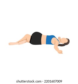 Woman doing Supta Matsyendrasana yoga pose, Reclined Spinal Twist pose. Flat vector illustration isolated on white background