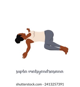 Woman doing Supta Matsyendrasana yoga pose, Reclined Spinal Twist pose. Flat vector illustration isolated on white background