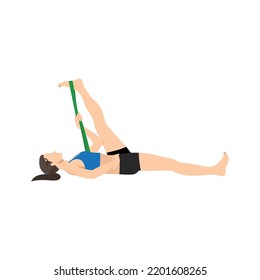 Woman doing Supta Padangusthasana or Reclining hand to big toe pose. Practicing Hatha yoga. Flat vector illustration isolated on white background