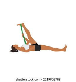 Woman doing Supta Padangusthasana or Reclining hand to big toe pose. Practicing Hatha yoga. Flat vector illustration isolated on white background