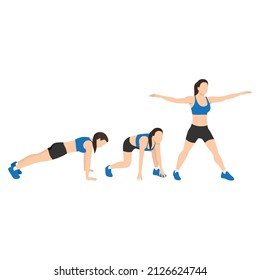 Woman doing Surfer burpees exercise. Flat vector illustration isolated on white background