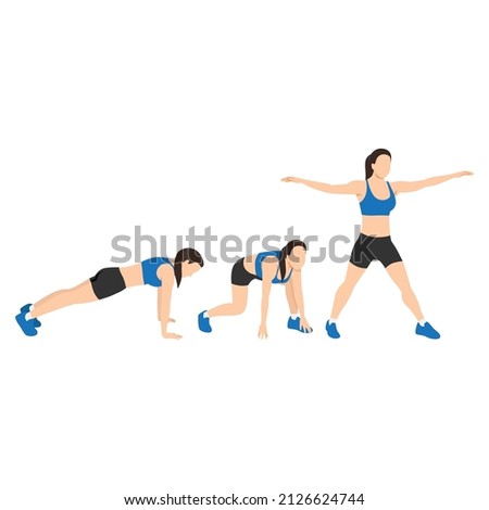 Woman doing Surfer burpees exercise. Flat vector illustration isolated on white background