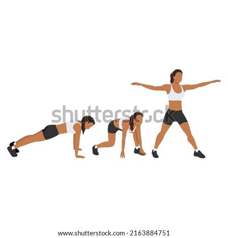 Woman doing Surfer burpees exercise. Flat vector illustration isolated on white background