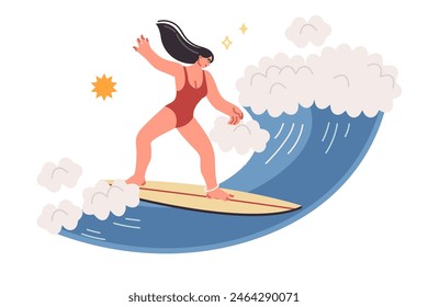 Woman doing surfing on sea waves, enjoying extreme sport during summer vacation on island. Surfer girl gets involved in surfing as hobby to maintain slim figure and take break from work.