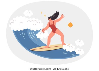 Woman doing surfing on sea waves, enjoying extreme sport during summer vacation on island. Surfer girl gets involved in surfing as hobby to maintain slim figure and take break from work.