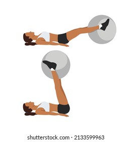 Woman doing Swiss ball leg lifts  exercise. body weight lifts flat vector illustration