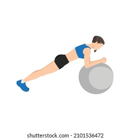 Woman doing Swiss ball plank. abdominals exercise flat vector illustration isolated on white background