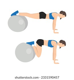 Woman doing swiss or stability ball jackknife exercise. Flat vector illustration isolated on white background