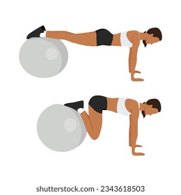 Woman doing swiss or stability ball jackknife exercise. Flat vector illustration isolated on white background