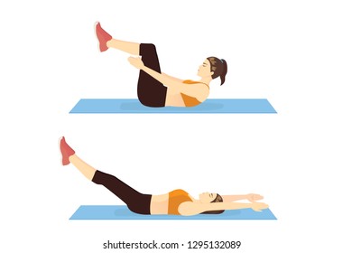 Woman Doing Tabletop Crunch With Leg Reach In 2 Step For Workout Guide. Illustration About Introduction Exercise Position.