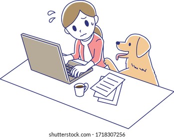 Woman doing telework at home with her Dog 