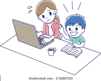 Woman doing telework at home with her child 