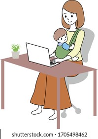 Mujer haciendo teletrabajo mientras sostiene a un bebé