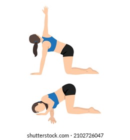 Woman doing Thread the Needle or Parsva Balasana stretch exercise. Flat vector illustration isolated on white background