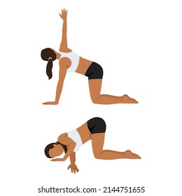 Woman doing Thread the Needle or Parsva Balasana stretch exercise. Flat vector illustration isolated on white background