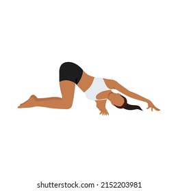 La mujer que hace el hilo de la aguja plantea el ejercicio de pars balasana. Ilustración vectorial plana aislada en fondo blanco