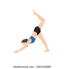 Woman doing Three Legged Downward Facing Dog Pose Scorpion Leg. Practice Tri Pada Adho Mukha Svanasana Vrschikasana Pada