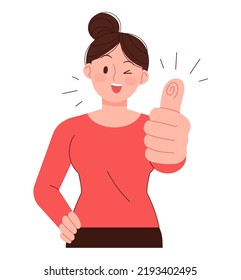 Woman doing thumbs up pose. Praise, cheering action concept vector illustration.