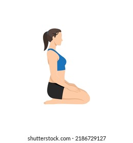 Woman doing Thunderbolt Pose, Adamantine Pose, Diamond Pose. Practice Vajrasana. Flat vector illustration isolated on white background