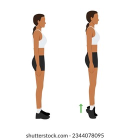 La mujer que hace punción en el dedo del pie se mueve para reducir la celulitis de la pierna. Diagrama de entrenamiento sobre reducción de calvos para pierna delgada. Ilustración vectorial plana aislada en fondo blanco