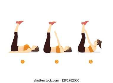 Mujer haciendo ejercicios en Toe Touch en postura mentirosa sobre el tapete. Ilustración sobre la guía de pasos del ejercicio.