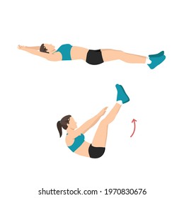 Woman doing toe touches. Jackknife sit ups. Crunches exercise flat vector illustration isolated on white background