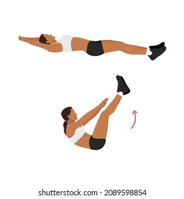 Woman doing toe touches. Jackknife sit ups. Crunches exercise flat vector illustration isolated on white background