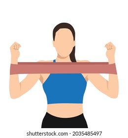 Woman Doing Toned Arm Stretch With Resistance Band Exercise. Flat Vector Illustration Isolated On White Background