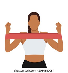 Woman doing toned arm stretch with resistance band exercise. Flat vector illustration isolated on white background