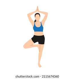 Woman Doing Tree Pose Vrksasana Exercise. Flat Vector Illustration Isolated On White Background