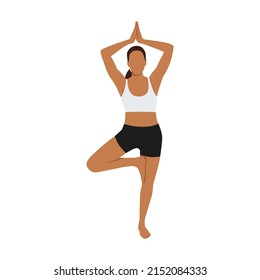 Woman Doing Tree Pose Vrksasana Exercise. Flat Vector Illustration Isolated On White Background