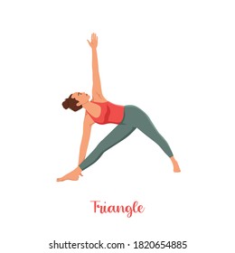 Esporádica delgada de fondo blanco en la pose de yoga Triangle, Trikonasana, ejercicio de estiramiento, asana ayuda a aliviar el estrés