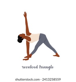 Woman doing Triangle yoga pose, Trikonasana, stretching exercise, asana helps to relieve stress. Flat vector illustration isolated on white background