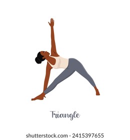 Woman doing Triangle yoga pose, Trikonasana, stretching exercise, asana helps to relieve stress. Flat vector illustration isolated on white background