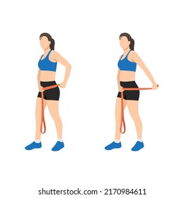 Frauen, die Tricep-Pull mit langen Widerstandsband-Übung. Flache Vektorgrafik einzeln auf weißem Hintergrund