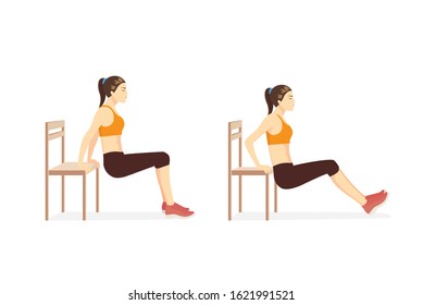 Una mujer que hace baches en triceps con banco en 2 pasos para guía de ejercicio. Ilustración sobre el entrenamiento para el músculo de triceps de fuerza de construcción brach ii.