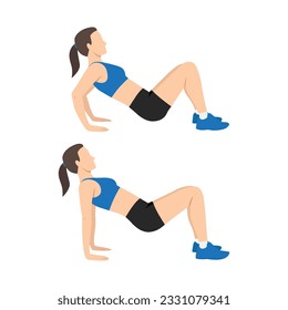 Woman doing Triceps dips exercise. Workout for hands. Flat vector illustration isolated on white background