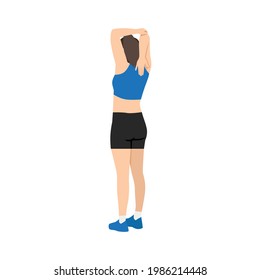 Woman doing Triceps stretch exercise. Flat vector illustration isolated on white background