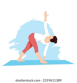 Woman doing Trikonasana, triangle yoga excercise.