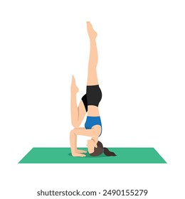 Woman doing Tripod Headstand Prep One Leg Half Raised or Catur Svanasana Sirsasana Eka Janu Kurpara Eka Pada Ardha Urdhva. Flat vector illustration isolated on white background