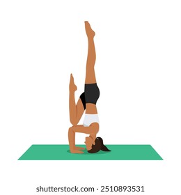 Woman doing Tripod Headstand Prep One Leg Half Raised or Catur Svanasana Sirsasana Eka Janu Kurpara Eka Pada Ardha Urdhva. Flat vector illustration isolated on white background