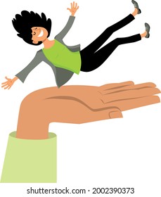 Woman Doing A Trust Fall Into A Supporting Palm Of A Hand, EPS 8 Vector Illustration