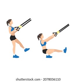 Woman Doing TRX Pistol. Single Leg Squat. Extended Arm Exercise. Flat Vector Illustration Isolated On White Background